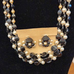 Vintage Black and White Double Strand Necklace with Matching Clip-on Earrings